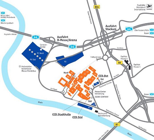 Plan d'accès en voiture pour le parc d'expositions de Düsseldorf 