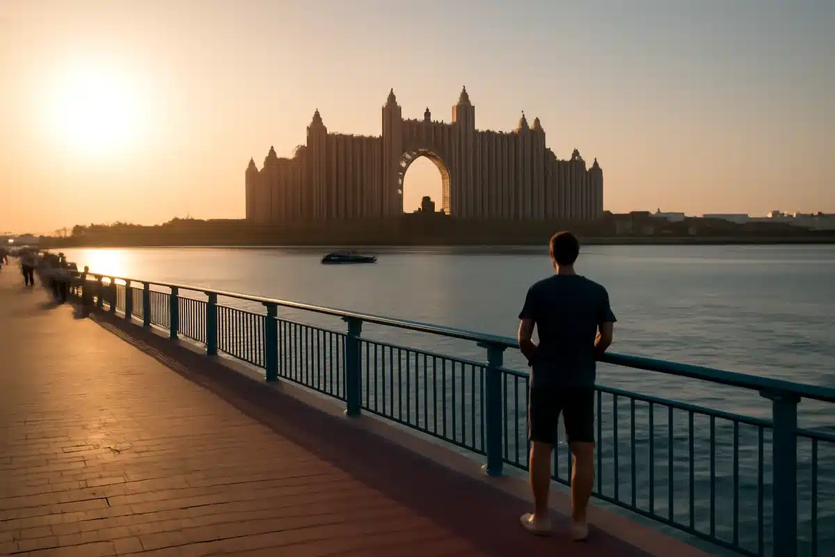 Où trouver les meilleurs points pour admirer Palm Jumeirah ? — La promenade de The Pointe et les terrasses autour de Palm offrent des cadrages parfaits sur Atlantis et la silhouette de l’île. Les balades en bateau complètent la perspective depuis