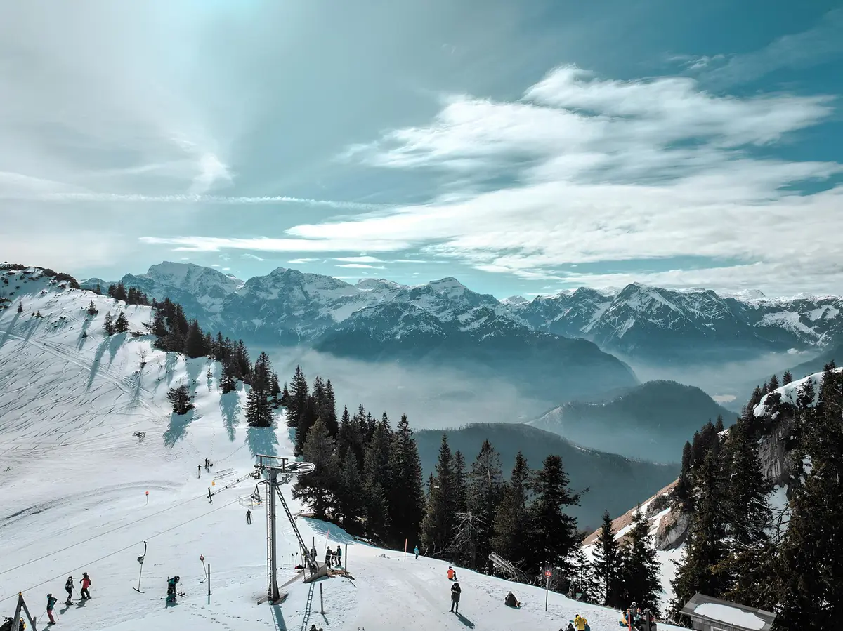 Pistes de ski enneigées traversant une forêt alpine en hiver, avec sommets rocheux en arrière-plan