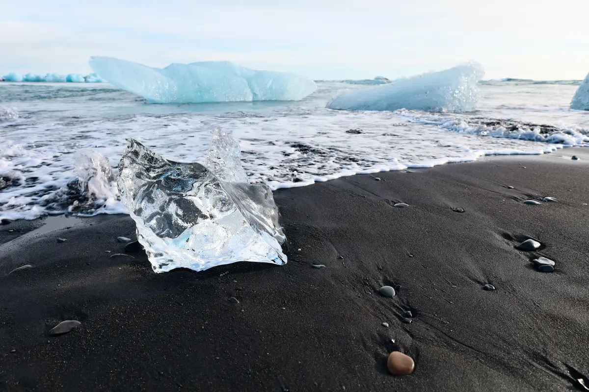 Icebergs sculptés échoués sur la plage de sable noir de Diamond Beach en Islande