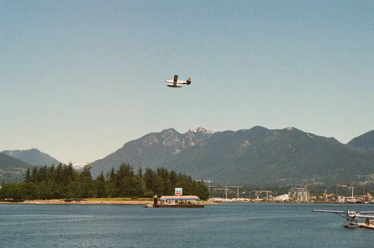 Dock en bois face à une forêt côtière avec montagnes brumeuses en arrière-plan sur l'île de Vancouver