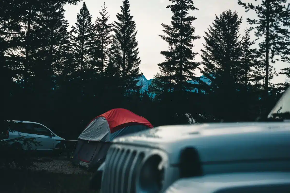 Camping en montagne avec tentes installées près d'un lac alpin et de forêts de conifères
