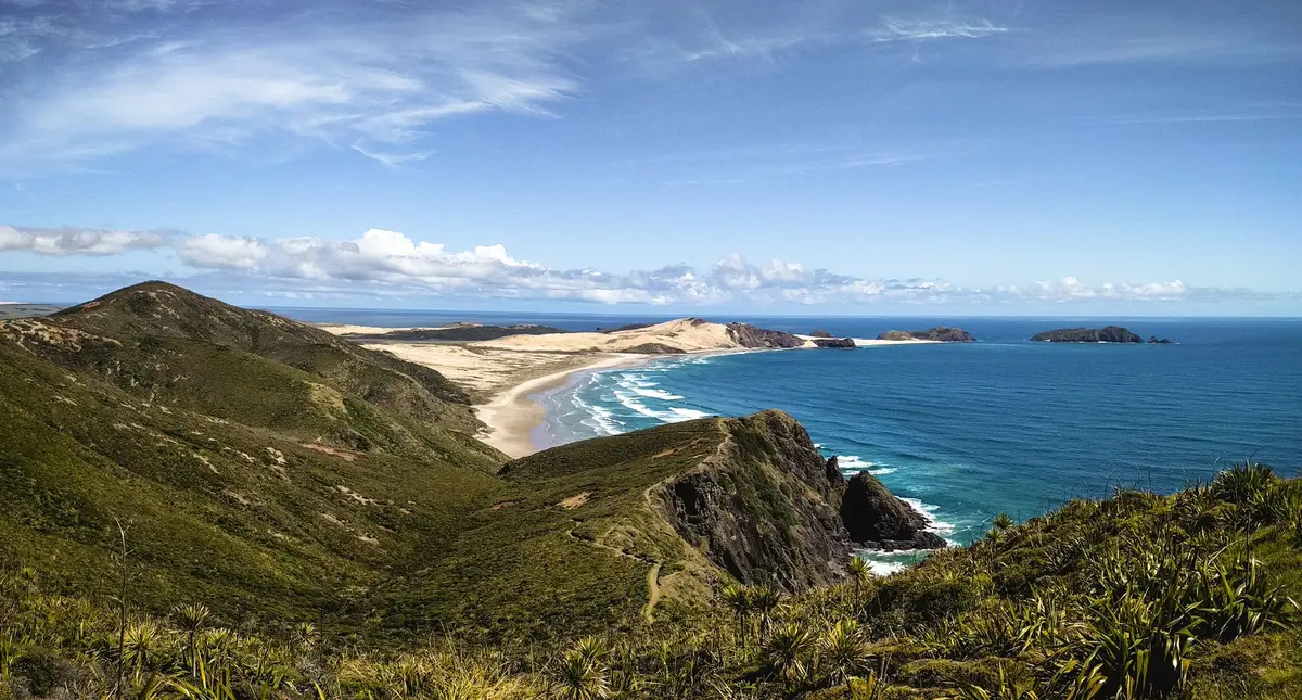 Randonneur solitaire face à des falaises côtières et des dunes, vue panoramique sur la mer