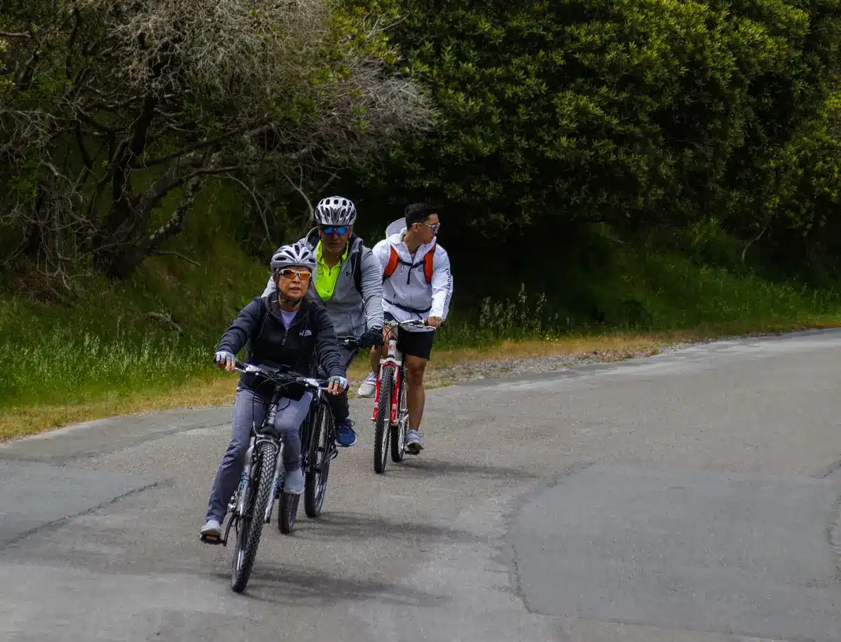 Cyclistes sur une piste cyclable plate avec paysage côtier et marais en arrière-plan