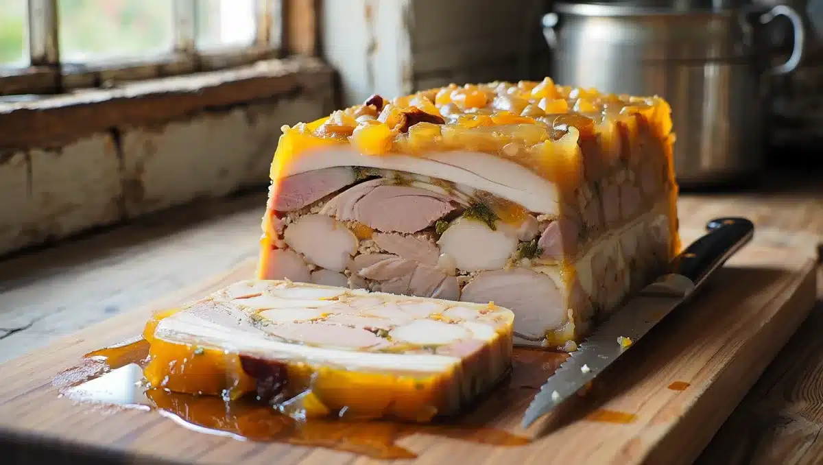 Qu’est-ce que le Potjevleesch et quelle texture attendre? — Le potjevleesch combine plusieurs viandes blanches et une gelée aromatisée à la bière blonde pour une saveur douce et rustique. La gelée enveloppe la chair pour offrir une texture fondante qui se