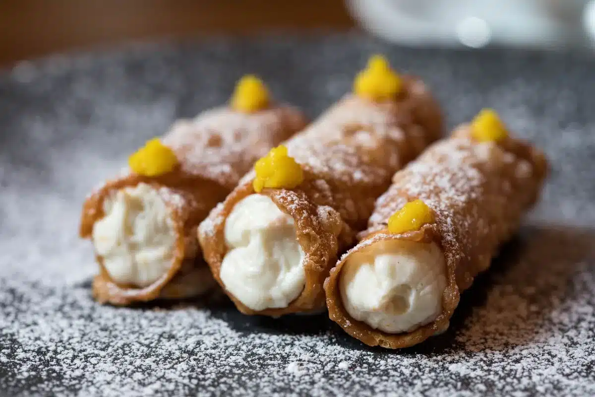 Cannoli siciliens avec farce de ricotta et décoration colorée
