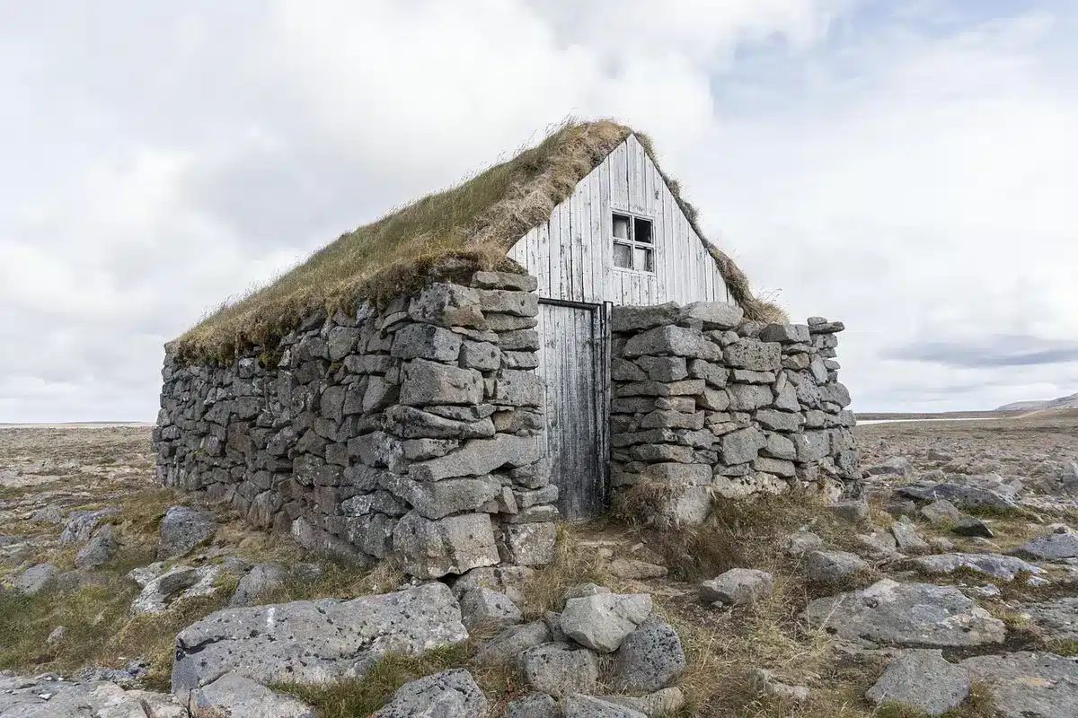 Maisons traditionnelles aux toits d'herbe du village de Bøur