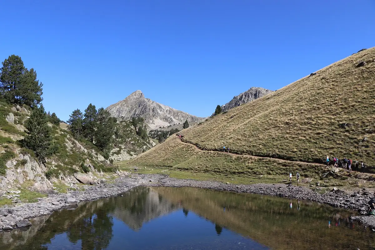 Sentier de montagne et lac alpin dans les Pyrénées catalanes en plein jour