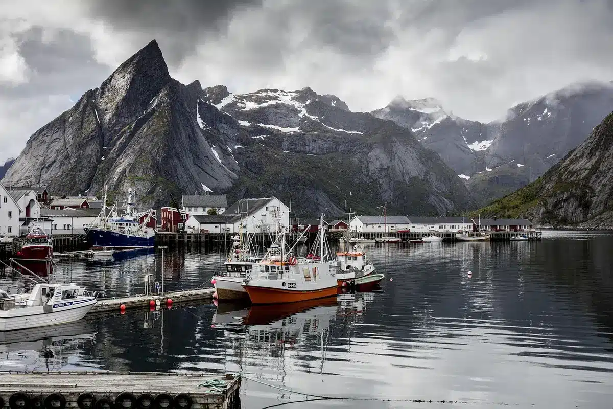 Vue panoramique depuis Reinebringen sur le village de Reine et les fjords